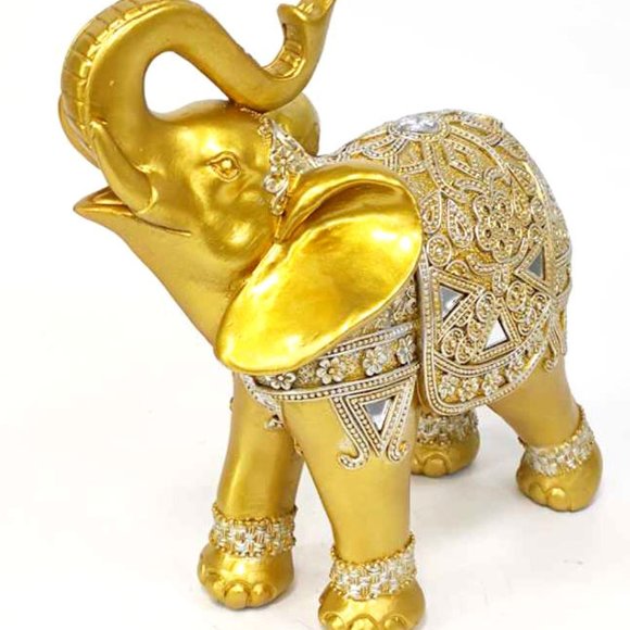 Set Of 2 Feng Shui 9”(H) Gold Color Elephants Statue With Trunk Facing Upwards - Picture 9 of 9